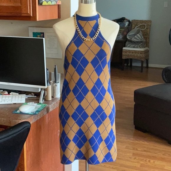 NWOT URBAN OUTFITTERS Blue & Brown Argyle Mini Knit in Size M - Picture 2 of 11